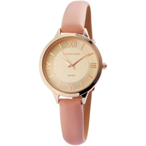 Ceas de Damă Elegant Excellanc Rose Gold Rotund cu Cadran Auriu și Curea Roz