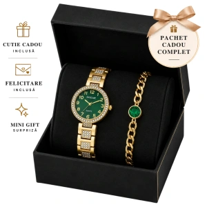Set Cadou Dama Ceas Excellanc Auriu Cadran Verde și Brățară Cuban Zirconiu în Cutie Cadou - Rhea