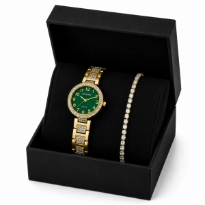 Set Cadou Dama Ceas Excellanc Auriu Cadran Verde și Brățară Tennis Zirconiu în Cutie Cadou - Electra