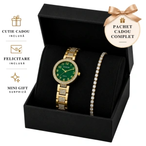 Set Cadou Dama Ceas Excellanc Auriu Cadran Verde și Brățară Tennis Zirconiu în Cutie Cadou - Electra