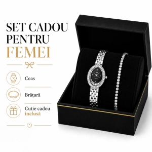 Set Cadou Dama Ceas MC Argintiu Oval Cadran Gri și Brățară Tennis în Cutie Cadou - Astral - Img 3