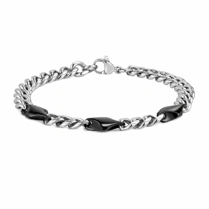 Brățară Bărbați Cuban Link din Oțel Inoxidabil Argintiu cu Segmente Romboidale Negre (20 cm)