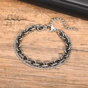 Bratara barbati dublu strat lant zale 7mm si rope chain finisaj ancient silver pe blat din lemn