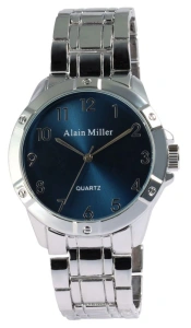 Ceas barbatesc Alain Miller cadran albastru bratara inox vazut din unghi
