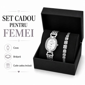 Set Cadou Dama Ceas Excellanc Argintiu Oval Cadran Alb și Brățară Snake cu Cristale în Cutie Cadou - Malyn - Img 3