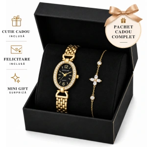 Set Cadou Dama Ceas Excellanc Auriu Oval și Brățară Florală Zirconiu în Cutie Cadou - Estelle