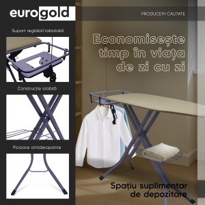 Masa de calcat Eurogold Professional Biege 06, 130 x 48 cm, pliabila, cu suport pentru statia de calcat, suport pentru rufe, priza si suport pentru cablul de alimentare - Img 6