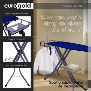 Masa de calcat Eurogold Professional Navi 212, 130 x 48 cm, pliabila, cu suport pentru statia de calcat, suport pentru rufe, priza si suport pentru cablul de alimentare - Img 6
