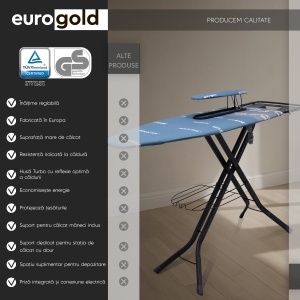 Masa de calcat Eurogold Professional Reflector R35748W, 130 x 48 cm, cu manecar de rufe, suport pentru statia de calcat, suport pentru rufe si cablu pentru priza - Img 6