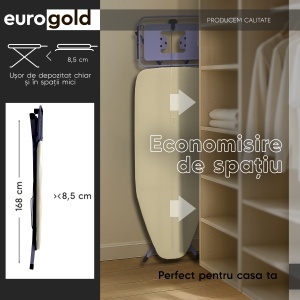 Masa de calcat Eurogold Professional Biege 06, 130 x 48 cm, pliabila, cu suport pentru statia de calcat, suport pentru rufe, priza si suport pentru cablul de alimentare - Img 3