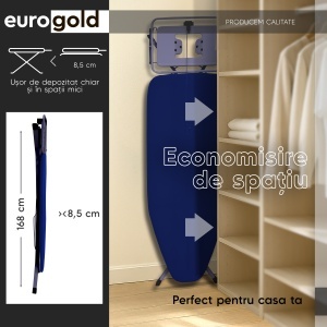 Masa de calcat Eurogold Professional Navi 212, 130 x 48 cm, pliabila, cu suport pentru statia de calcat, suport pentru rufe, priza si suport pentru cablul de alimentare - Img 3