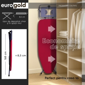 Masa de calcat EUROGOLD Professional Red 1760, 130 x 48 cm, pliabila, cu suport pentru statia de calcat, suport pentru rufe, priza si suport pentru cablul de alimentare - Img 3