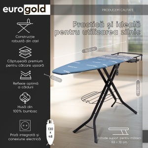 Masa de calcat Eurogold Professional Reflector R35748W, 130 x 48 cm, cu manecar de rufe, suport pentru statia de calcat, suport pentru rufe si cablu pentru priza - Img 3