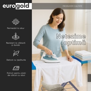 Masa de calcat EUROGOLD Professional Sky Blue 4336, 130 x 48 cm, pliabila, cu suport pentru statia de calcat, suport pentru rufe, priza si suport pentru cablul de alimentare - Img 5