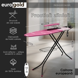 Masa de calcat EUROGOLD, Reflector, 120 X 38 cm, pliabila, cu manecar, suport pentru rufe, suport pentru fierul de calcat, priza si suport pentru cablul de alimentare Pink - Img 4