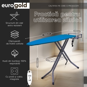 Masa de calcat EUROGOLD Professional Sky Blue 4336, 130 x 48 cm, pliabila, cu suport pentru statia de calcat, suport pentru rufe, priza si suport pentru cablul de alimentare - Img 2