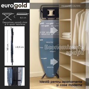 Masa de calcat Eurogold Professional Reflector R35748W, 130 x 48 cm, cu manecar de rufe, suport pentru statia de calcat, suport pentru rufe si cablu pentru priza - Img 4