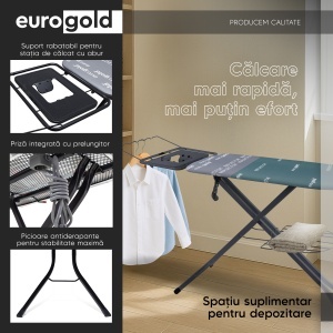 Masa de calcat Eurogold Profesional Reflector R35542VX, 120 x 42 cm, cu suport pentru statia de calcat, suport pentru rufe si cablu pentru priza - Img 5
