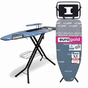 Masa de calcat Eurogold Professional Reflector R35748W, 130 x 48 cm, cu manecar de rufe, suport pentru statia de calcat, suport pentru rufe si cablu pentru priza