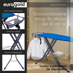Masa de calcat EUROGOLD Professional Sky Blue 4336, 130 x 48 cm, pliabila, cu suport pentru statia de calcat, suport pentru rufe, priza si suport pentru cablul de alimentare - Img 6