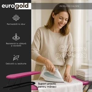 Masa de calcat EUROGOLD, Reflector, 120 X 38 cm, pliabila, cu manecar, suport pentru rufe, suport pentru fierul de calcat, priza si suport pentru cablul de alimentare Pink - Img 5