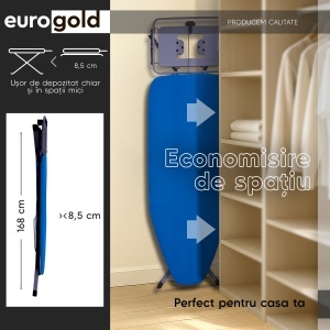 Masa de calcat EUROGOLD Professional Sky Blue 4336, 130 x 48 cm, pliabila, cu suport pentru statia de calcat, suport pentru rufe, priza si suport pentru cablul de alimentare - Img 3
