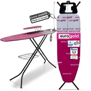 Masa de calcat EUROGOLD, Reflector, 120 X 38 cm, pliabila, cu manecar, suport pentru rufe, suport pentru fierul de calcat, priza si suport pentru cablul de alimentare Pink - Img 2