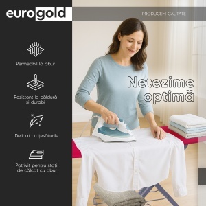 Masa de calcat EUROGOLD Professional Red 1760, 130 x 48 cm, pliabila, cu suport pentru statia de calcat, suport pentru rufe, priza si suport pentru cablul de alimentare - Img 5