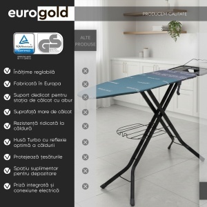 Masa de calcat Eurogold Profesional Reflector R35542VX, 120 x 42 cm, cu suport pentru statia de calcat, suport pentru rufe si cablu pentru priza - Img 6