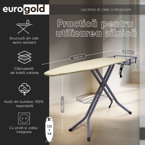 Masa de calcat Eurogold Professional Biege 06, 130 x 48 cm, pliabila, cu suport pentru statia de calcat, suport pentru rufe, priza si suport pentru cablul de alimentare - Img 2