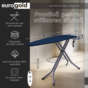 Masa de calcat Eurogold Professional Navi 212, 130 x 48 cm, pliabila, cu suport pentru statia de calcat, suport pentru rufe, priza si suport pentru cablul de alimentare - Img 2