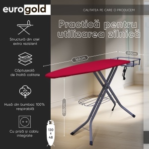 Masa de calcat EUROGOLD Professional Red 1760, 130 x 48 cm, pliabila, cu suport pentru statia de calcat, suport pentru rufe, priza si suport pentru cablul de alimentare - Img 2