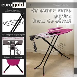 Masa de calcat EUROGOLD, Reflector, 120 X 38 cm, pliabila, cu manecar, suport pentru rufe, suport pentru fierul de calcat, priza si suport pentru cablul de alimentare Pink - Img 6