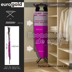 Masa de calcat EUROGOLD, Reflector, 120 X 38 cm, pliabila, cu manecar, suport pentru rufe, suport pentru fierul de calcat, priza si suport pentru cablul de alimentare Pink - Img 3