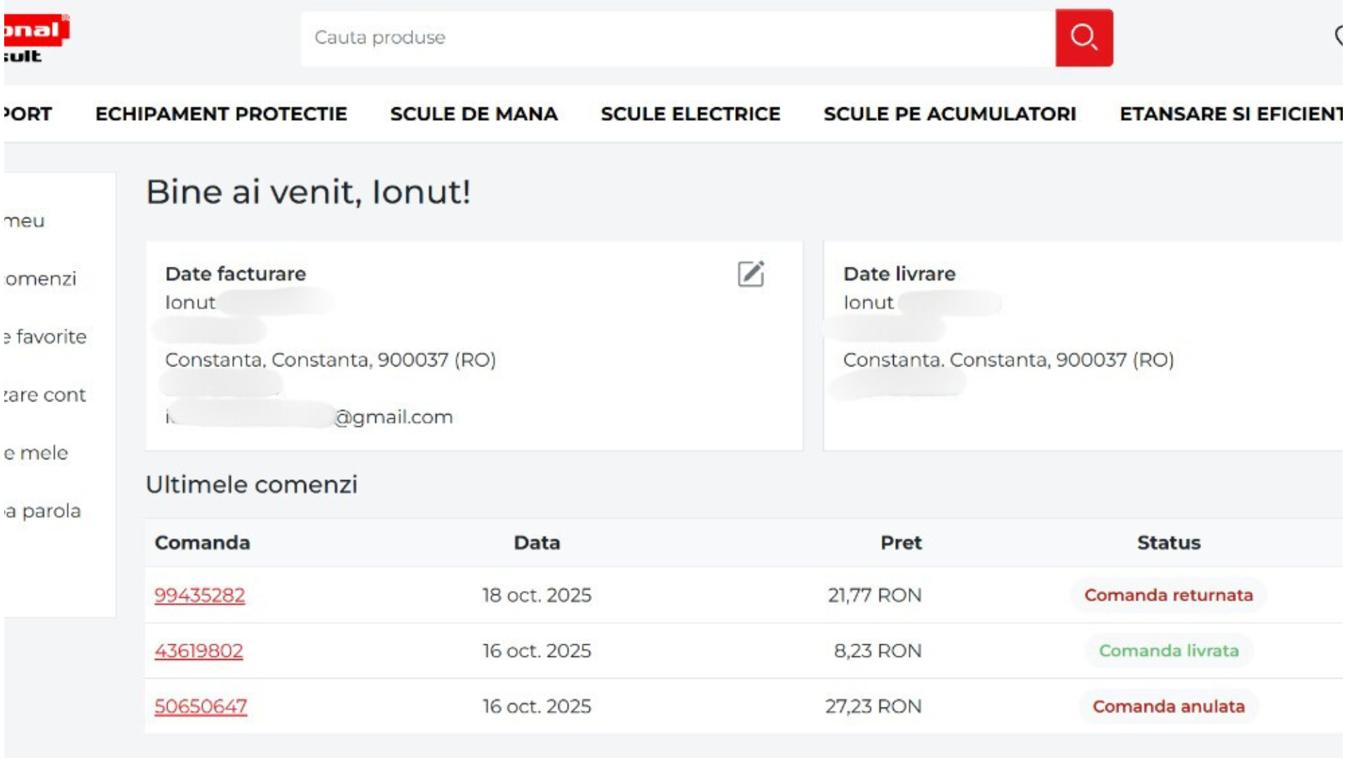 Interfata cont client Pro Tools - istoric comenzi