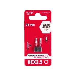 Set 2 biti pentru surubelnite SHOCKWAVE IMPACT DUTY HEX 2.5 mm x 25 mm, Milwaukee, cod 4932430893