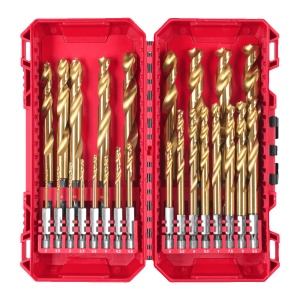 Set 25 burghie SHOCKWAVE HSS-TIN RED HEX 1/4" din titan pentru metal, 2-13 mm, Milwaukee, cod 4932500420