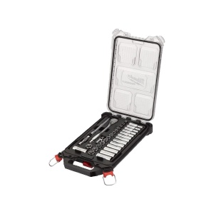 Set antrenor cu clichet 3/8″ + 32 chei tubulare sistem metric in organizator mic PACKOUT, Milwaukee, cod 4932478813