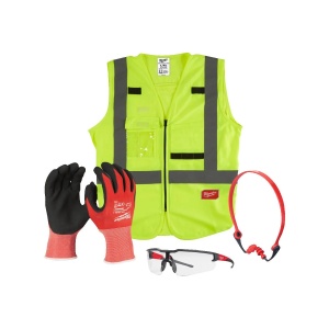KIT Construction PPE: ochelari de protectie, antifoane, manusi rezistente la taiere XL/10, vesta L/XL, Milwaukee, cod 4932492063