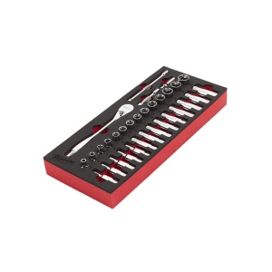 Set 32 piese 3/8'' antrenor cu clichet si chei tubulare in insertie spuma, Milwaukee, cod 4932479825