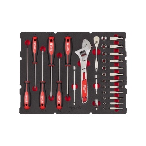 Set antrenor cu clichet 1/4", tubulare, surubelnite si cheie ajustabila in insertie spuma PACKOUT, Milwaukee, cod 4932480717