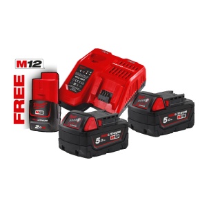 Set 3 acumulatori si incarcator M18 NRG-502, 2 x M18 B5 + 1 x M12 B2 + M12-18 FC, Milwaukee, cod 4933459217