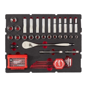 Set antrenor cu clichet 1/2", chei tubulare, imbusuri Hex si biti SHOCKWAVE in insertie spuma PACKOUT, Milwaukee, cod 4932480716
