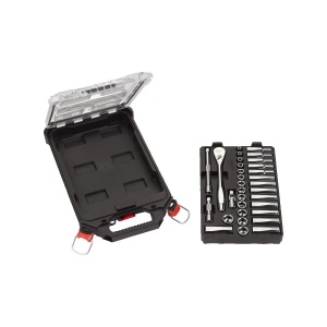 Set antrenor cu clichet 3/8″ + 32 chei tubulare sistem metric in organizator mic PACKOUT, Milwaukee, cod 4932478813 - Img 2