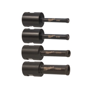 Set 4 carote diamantate M14 pentru gaurire uscata, diametru 6, 8, 10, 14 mm, Milwaukee, cod 4932471863
