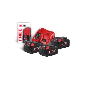 Set 4 acumulatori si incarcator M18 NRG-503, 3 x M18 B5 + 1 x M12 B2 + M12-18 FC, Milwaukee, cod 4933451423