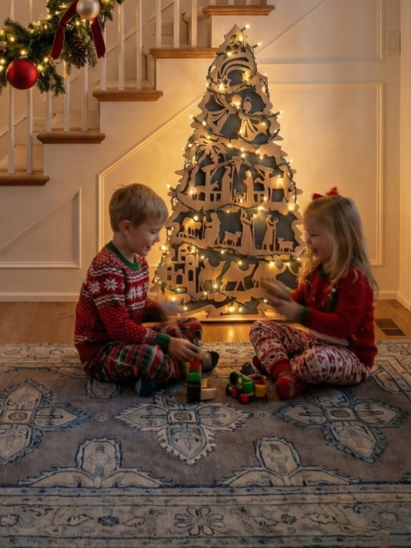 Brad din lemn "Drumul spre Iesle" – Decoratiune premium cu scena nașterii Domnului - Img 3