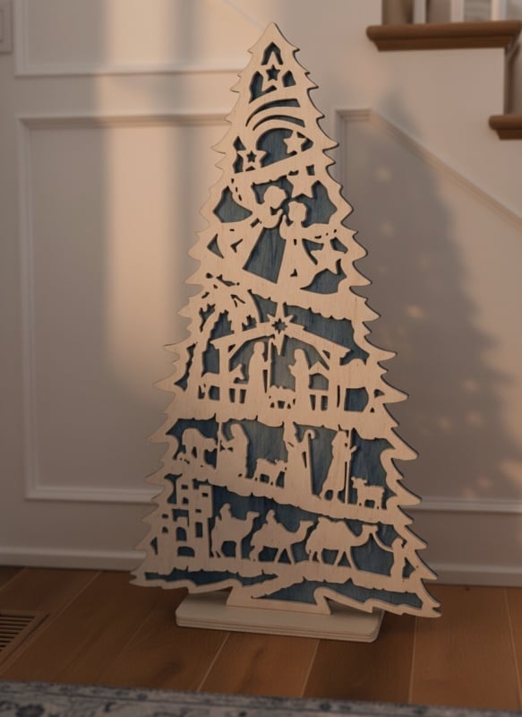 Brad din lemn "Drumul spre Iesle" – Decoratiune premium cu scena nașterii Domnului - Img 4