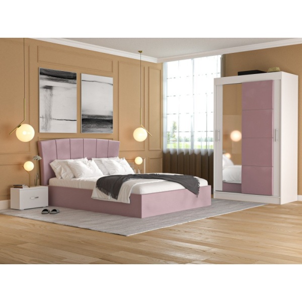 Dormitor Vivere Roz, Dressing cu Oglinda 120 cm, Pat Tapitat, Doua ...