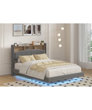 Pat MARIO Complet Tapitat Catifea, Cu Iluminare Led Integrada, Somiera Inclusa, Gri